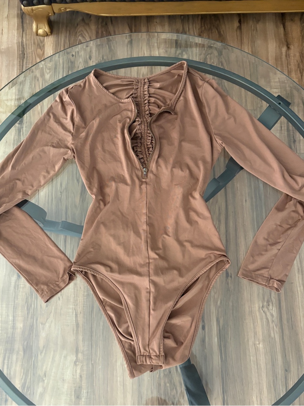 SHEIN Long-Sleeve Ruffle Front Bodysuit in Cram/Beige